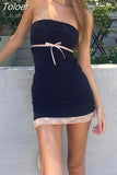 Y2k Strapless Sexy Dress for Women Bow Lace Patchwork Summer 2023 Cute Black Slim Backless Short Dresses Party