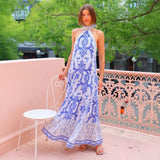 Temperament Print Hanging Neck Sleeveless Bare Back With Lotus Leaf-Side Dress Dress Dress
