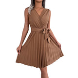 Shooting Spring And Summer Temperament Cross V Neckless Sleeveless Waist 100 Fold Dress Women's