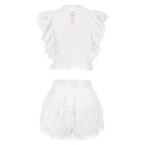 White Ruffles Crop Top And Shorts Set-Outfit