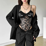 Toloer 2024 New Women's Urban Charm Personality Text Embellished With Pure Color Lace Jumpsuit-Outfit
