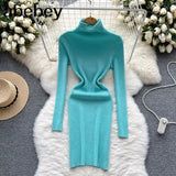 Sheath Women Dress Fashion Turtleneck Long Sleeve A Line Bodycon Dress Female Solid Streetwear Knitted