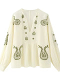 Spring V-Neck Lantern Sleeves National Style Embroidery Shirt Trend