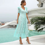 New Dress Spring Lace Mid-Swear Temper Commuting High-Waisted Green V-Neck