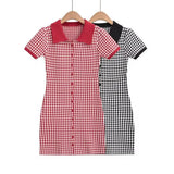 Trend Women's Lapel Small Diamond Lattice Single-Breasted Short-Sleeved Lapel Skirt Knitted Breasted Dress-Outfit