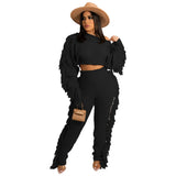 Toloer New Women's Wear Casual Solid Color Knit Long Sleeve Tassel Suit-Outfit