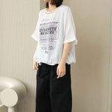 Stylish Letter Printed T-shirt Women's Clothing Loose Gauze Spliced Summer Thin Round Neck Korean Shirring