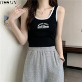 Women Slim Running Short Tank Tops Square Neck Tops Lce Silk Sports Fashion Letter Printing Tank Tops With Bra