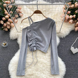 Off Shoulder Strap Blouse Women Diagonal-Collar Long Sleeve Slim Tops Summer Korean Off Shoulder Short