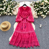 High-End Elegant Dress Female Senior Sense Strap To The Waist Lantern Sleeve Embroidered Mesh A Word Over Knee