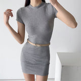 Trendy Women's Dress With High Round Neck And Short Sleeves And A Dress That Is Stylish, Tight And Thin With A Belt And Hip Skirt-Outfit