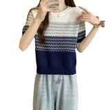 Gradient Striped T-Shirt Women's Summer New Oceanic Ice Silk Sleeve