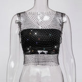 Toloer Nightclub Dresses Fishnet Hollow Out Rhinestone Vest Mesh Flash Diamond Sling Top