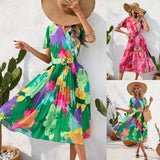 Women's Wear Station Summer Print Wrinkle Medium Long Short-Sleeved Dress-Outfit