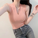 New Temperament V-Neck Sleeveless Thin Solid Threaded Vest Small Woman Body Inside The Coat