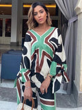 Women 2 Set 2022 Summer V Neck Print Shirt Lady Long Cuff Slit Bow Loose Women Clothing Asymmetric Hem + High Waist