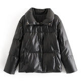 Aachoae Women High Street PU Leather Thin Parka Coats Fashion Solid Faux Leather Jacket Coat Female Chic Winter Cotton