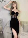 Black Mysterious Sexy Mature Feminine Charm Slim Intellectual Elegant Women's Sling Evening Party Queen Long Dress-Outfit