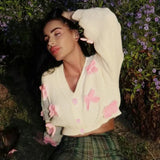 White Short Pink Bow Cardigan-Outfit