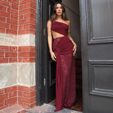 Sheer Draped One Shoulder Cut Out Maxi Dress-Outfit