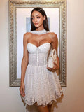 White Polka Dot Strapless Frill Mini Dress With Drape Scarf-Outfit