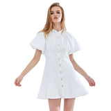 Metal Button Patchwork White Dress For Women Round Neck Puff Sleeve Casual Mini Dresses Female Fashion New