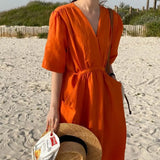 Casual V-neck Pockets Dress for Women 2022 Summer Women Holiday Dresses Solid Loose Orange Dress French Vestido