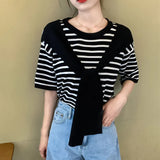 Red Fashion Short-Sleeved Knitted Shirt 2025 New Ocean Shawl Fake Two T-Shirt Striped
