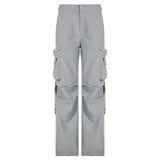 Toloer Hottie Vintage Tie Multi-Pocket Cargo Pants Female Low Waist Loose Straight Pleated Spindle Pants-Outfit