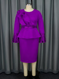 Round Collar Horn Sleeve Temperament Dress Party Wind Lotus Leaf Side Squint High Waist Dress