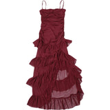 Burgundy Mesh Ruffle Strap Maxi Dress-Outfit