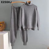 2022 2 Pieces Set Women Knitted Tracksuit Turtleneck Sweater + Carrot Jogging Pants Pullover Sweater Set CHIC Knitted
