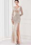 Winter Elegant Velvet With Sequins Deep V Neck Long Sleeve Slit Cocktail Eevening