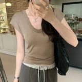 Solid Color U-Collar Short-Sleeved T-Shirt Women's New Springy Slim, Simple And Easy To Wear In Summer-Outfit