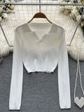 Autumn Knitted Women Short T Shirt Lapel V Neck Slim Long Sleeve Sweater Top Fashion Streerwear Short Solid