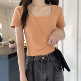 Toloer Short T-Shirt Female Solid Color 2024 New High Waist Slim Show Thin Hot Girl All-Match Short-Sleeved Square Collar Top