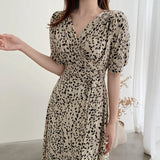 Style Summer Print Floral Dress Women V-Neck Short Sleeves Chiffon Bohemian Dresses Beach Midi Female Wrap