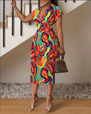 Women's Fashion Style Fashion Temperament V-Neck Slim Print Dress-Outfit