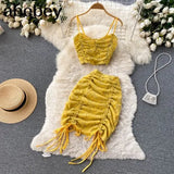 Korean Style Women Set Summer 2022 V Neck Backless Drawstring Sexy Strap Top+ Ladies Mini Skirt Bodycon Two Piece