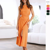 Dress Sexy Round Collar Solid Temperament Bag Hip Open Skirt Sexy
