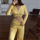 2025 New Knitted Set Of Women's Fluorosclumned Casual Solid Color Hollow High-Waisted Trousers Commuting