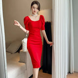 Style Vintage Square Collar Puff Sleeve Midi Party Dress Ladies OL Elegant Streetwear Backless Female Bodycon Split