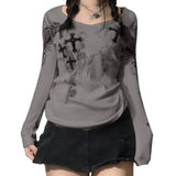 Women Gothic T-shirts Crop Tops Fall Winter y2k Clothes 2024 Fashion Classic Slim Long Sleeve Print Streetwear Tops-Outfit