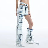 Toloer 2024 New Fashion Personality Hollow Design Sense Deconstruction Pocket Decoration Jeans Pants Two Wear Cargo Pants-Outfit