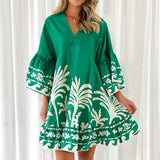 Summer New V-Neck Print Horn Sleeve Loose Short Dress