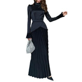 Autumn New Solid Fashion Splicing Design Round Collared 100-Folded Dress