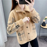 Mink Cashmere Plaid Sweater Cardigan Women Korean Fashion Single Breasted Knitted Coat Autumn Vintage Short Sweater