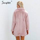 Simplee Elegant pink shaggy women faux fur coat streetwear Autumn winter warm plush teddy coat Female Solid overcoat