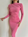 Women Slash Neck Slim Fit Sheath Sexy Long Dresses Full Sleeve Hip Wrap Splice Gown Vestidos Pleated High Waist 2024-Outfit
