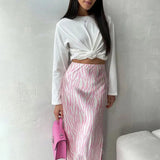 Pink Printed Satin Midi Straight Skirt-Outfit